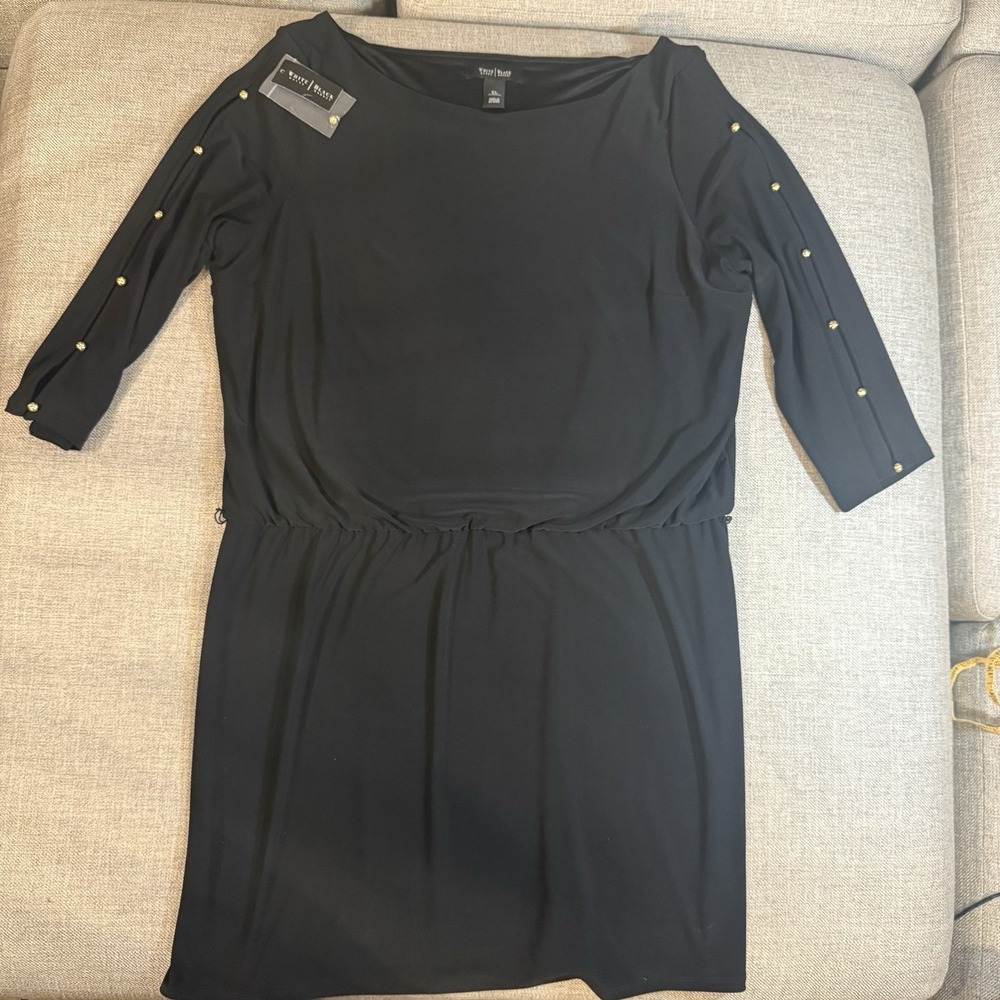 WHBM Black Dress XL Studded Sleeve Stretch Sheath Career Party Missing Belt